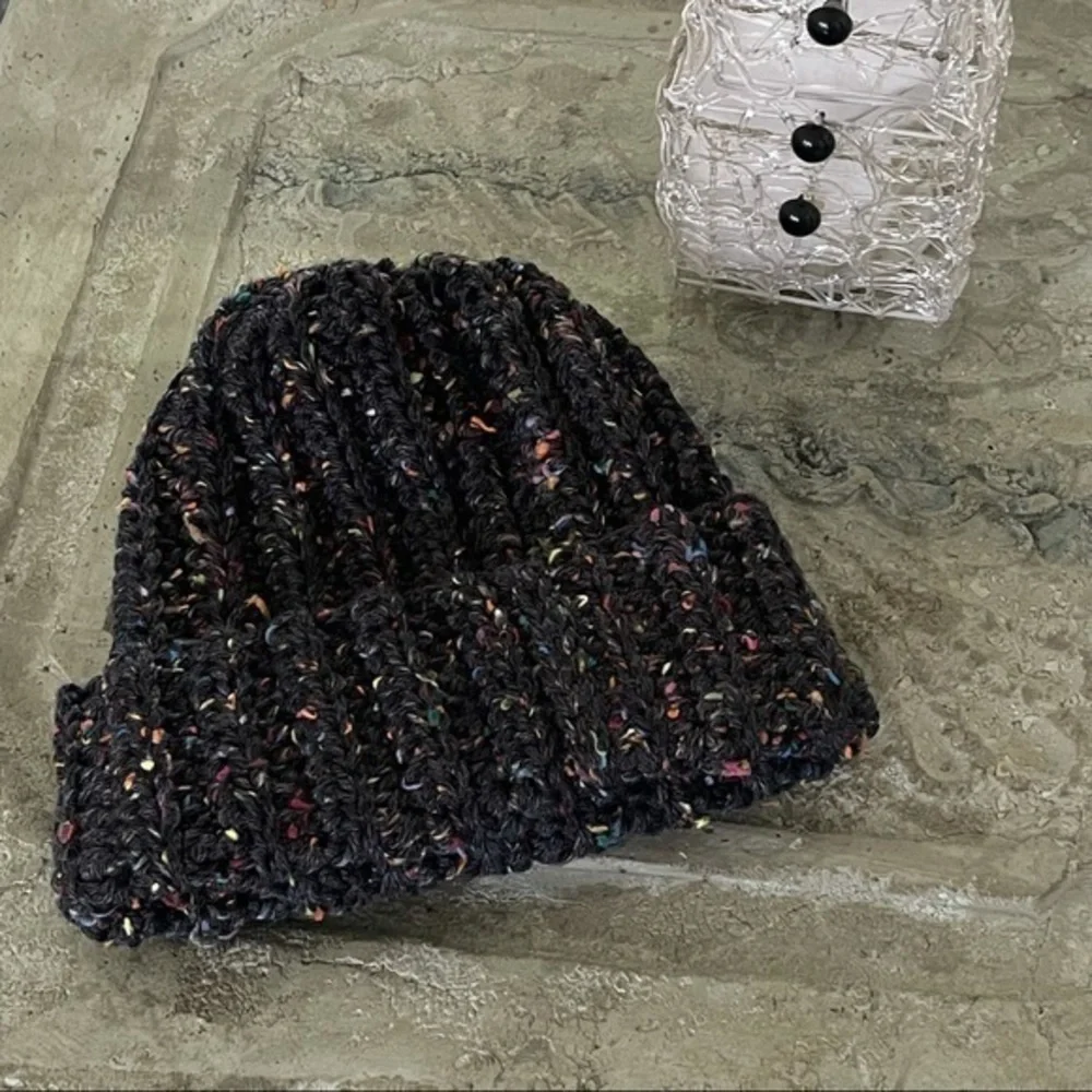 Handmade Warm Chunky Cable Crochet Ribbed Hat Charcoal Speckle Beanie Women Men